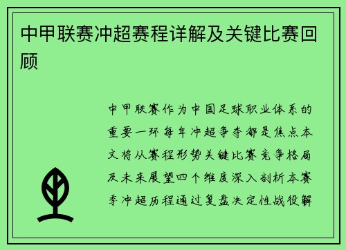 中甲联赛冲超赛程详解及关键比赛回顾